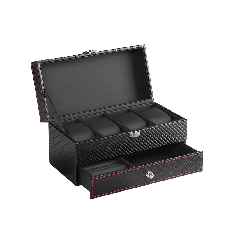 WellZone Double-Deck Black/White Magnetic Top Watch Box 4 Slots PU Leather Jewelry Organizer Travel Display Case for Men/Women