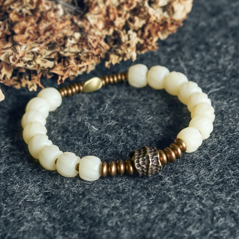 Handcrafted Fret Yak Bone Bead Bracelet Handmade Metal Copper Charm Zen Buddhism Healing Prayer Energy Balance Git for Mom