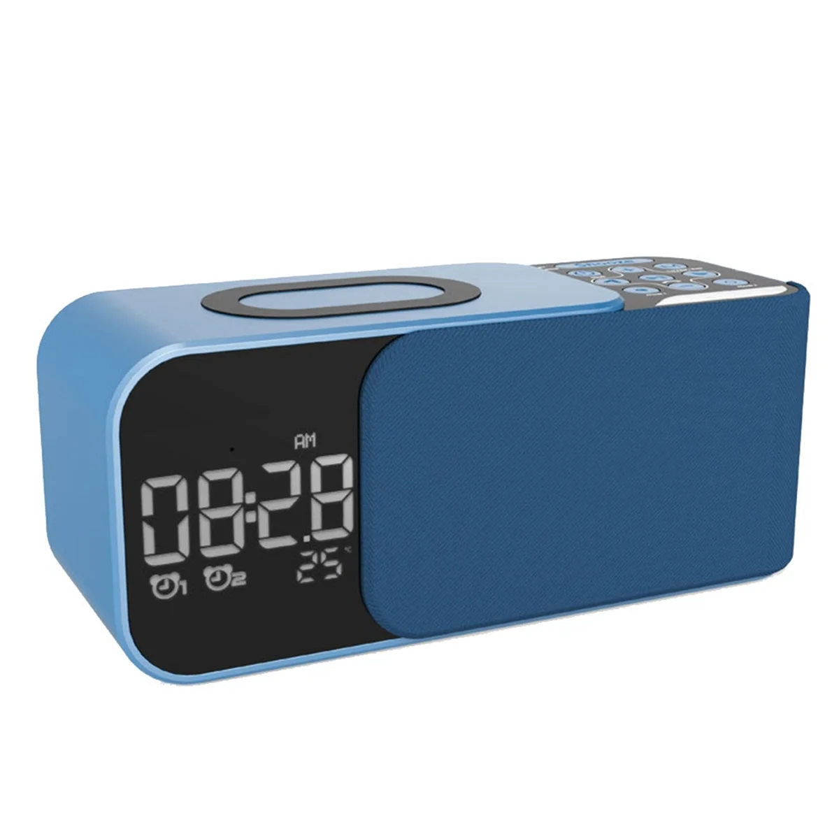 Digital Stereo FM Radio Alarm Clock Night Light Bluetooth Speaker 10W Wireless Charger-Blue