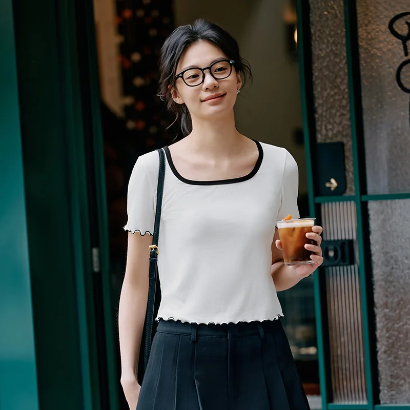 Semir-Camiseta de manga corta para mujer, capa Base ajustada, cuello redondo cuadrado, Top fino de verano, dobladillo con volantes para estilo informal