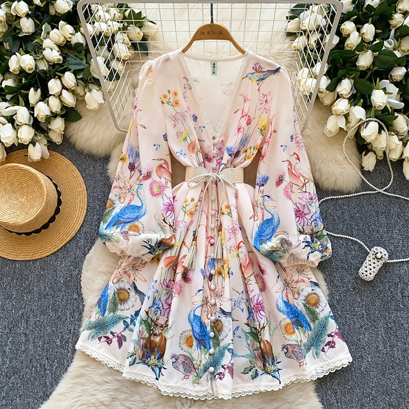 

Весенне-осеннее новое дворцовое платье в стиле ретро с v-образным вырезом, однобортное платье с рукавами-фонариками на талии, кружевное платье с принтом S157