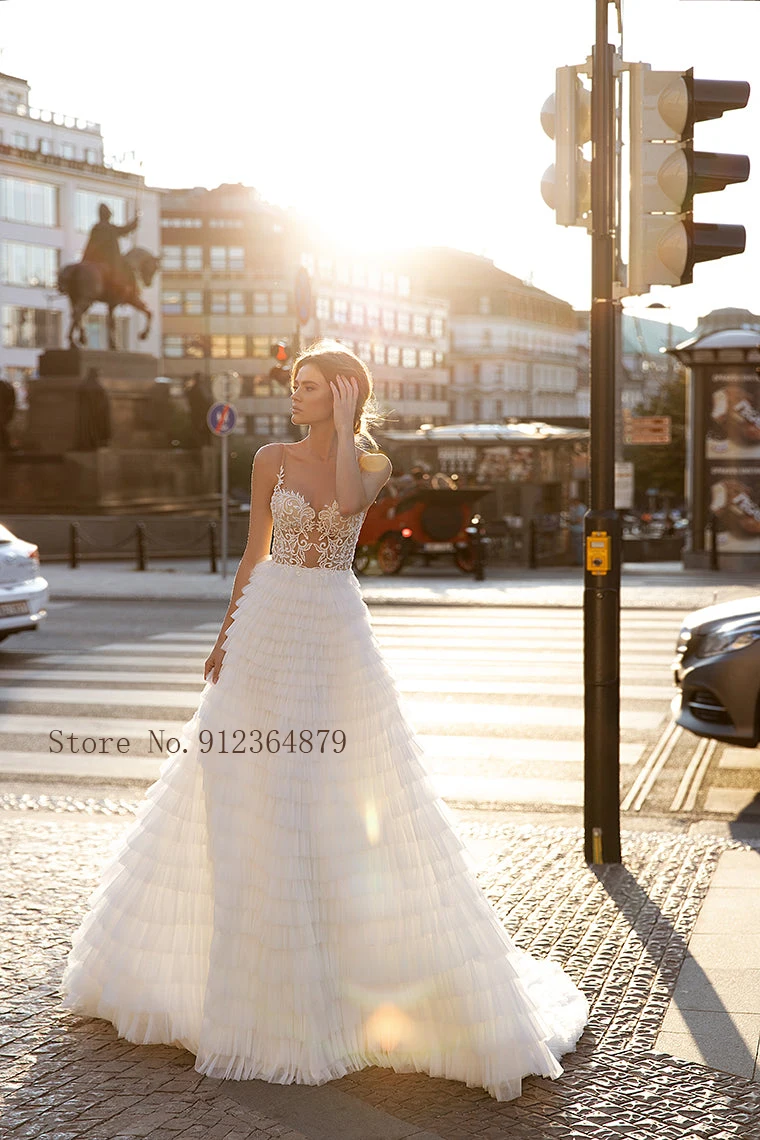 Vestidos de novia de línea A con volantes y tirantes finos, chaqueta de cuello alto con mangas completas, Sexy, transparente, con encaje en la espalda