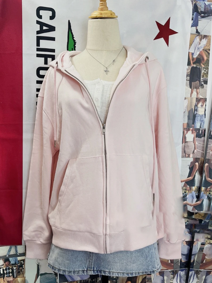 Pink Sweet Oversized Hoodie Autumn Long Sleeve Hooded Zip-up Cotton Sweatshirt Casual Simple Preppy Style Cute Hoodies Top Woman