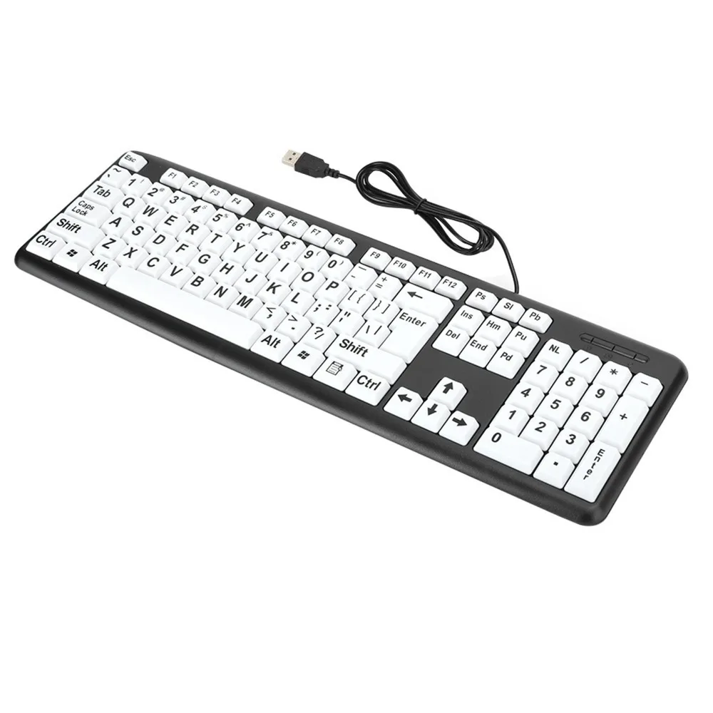 USB Wired Low Vision Keyboard Black Large Print Keys Wired Keyboard White Keys Full Size Layout Old People Keyboard for Elderly