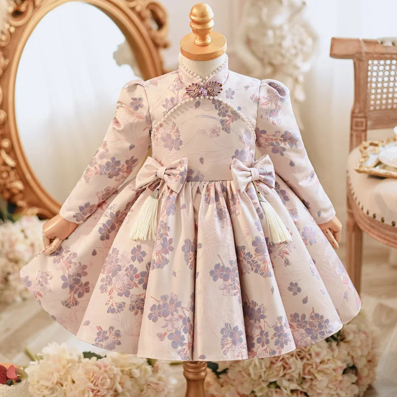 Baby Girls Long Sleeve Evening Princess Ball Gown Kids Cute Bow Beading Design Birthday Party Wedding Boutique Dresses y1127