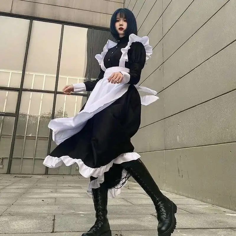 Cosplay kostuum zwart-wit meid kleding Britse stijl parel lijn lange koffieshop meid COS uniform