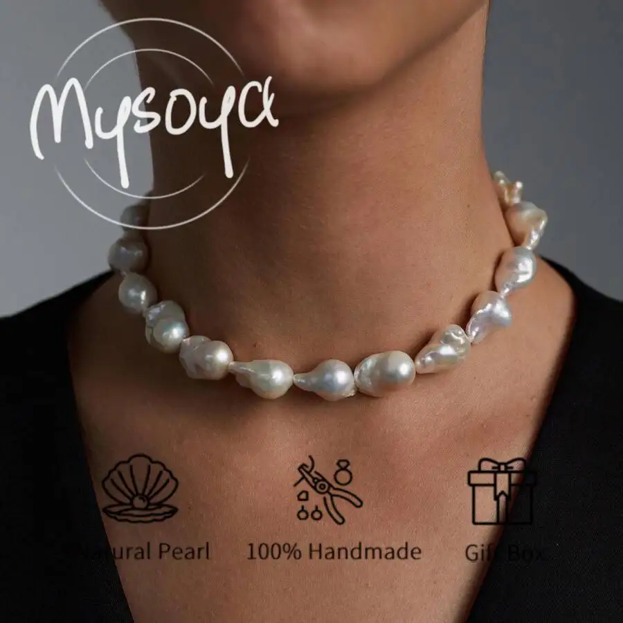 

MYSOYA 11-13mm Large Natural White Baroque Pearl Necklace For Women And Men Gift Box Birthday Wedding Anniversary Jewelry Gift