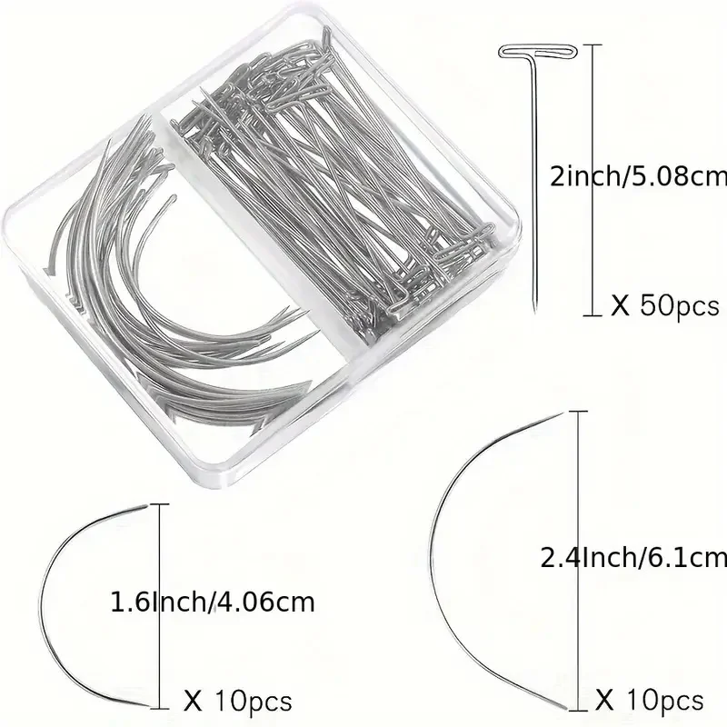 70pcs Needle And Thread Set for Weave with T Pins C Curved Needles Black Thread Wig Making Hair Extensions Modelling Crafts Kit
