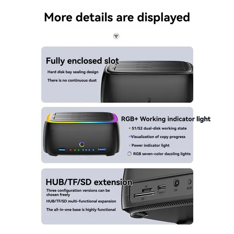M51K-Dual-Bay RGB Hard Drive Station HDD/SSD Docking HUB/TF/SD USB3.0 To SATA Type-C For 2.5/3.5 Inch US Plug