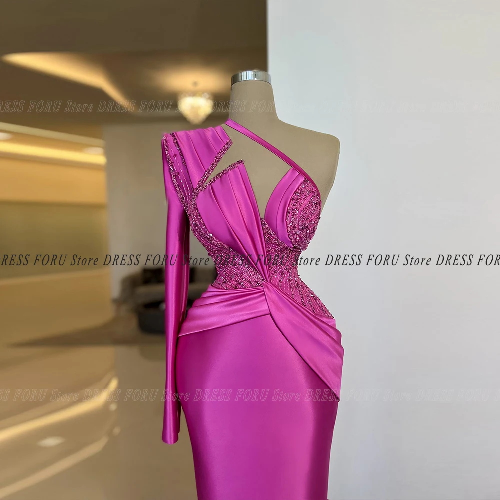 Novel Fuchsia Sheath One Shoulder Evening Party Dress For Woman Celebrity Floor Length Custom Size Prom Gown Bead Satin Vestido