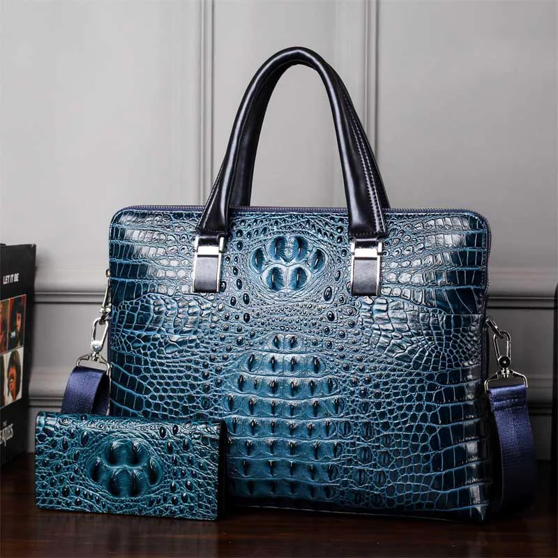 Genuine leather crocodile print briefcase men's Handbag One Shoulder bag double zipper suitcase head layer cowhide computer bag