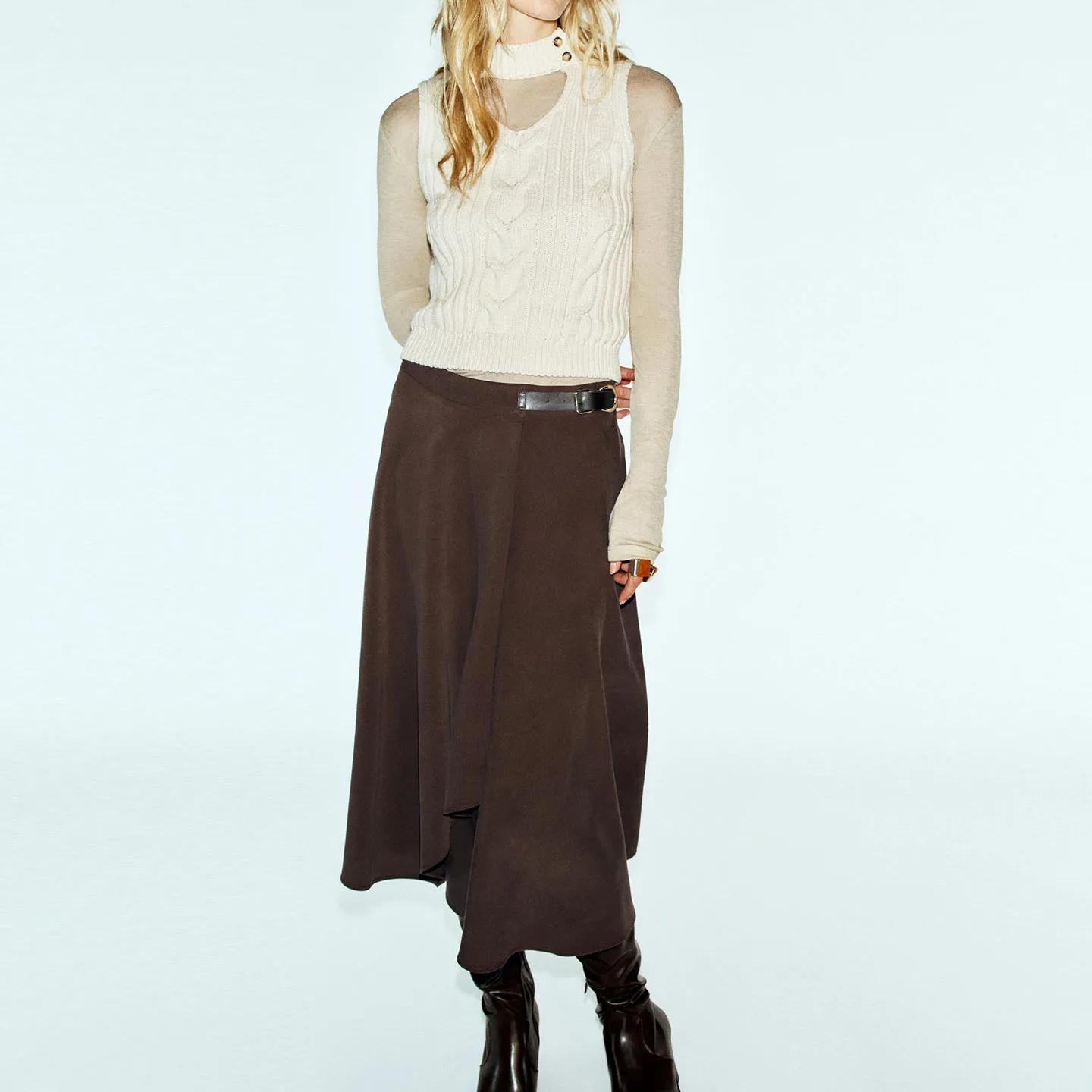 Fashionable Asymmetric Midi Skirt for Women Spring Autumn Seasonal Design with Buckle Detail Standard Fit Other Material