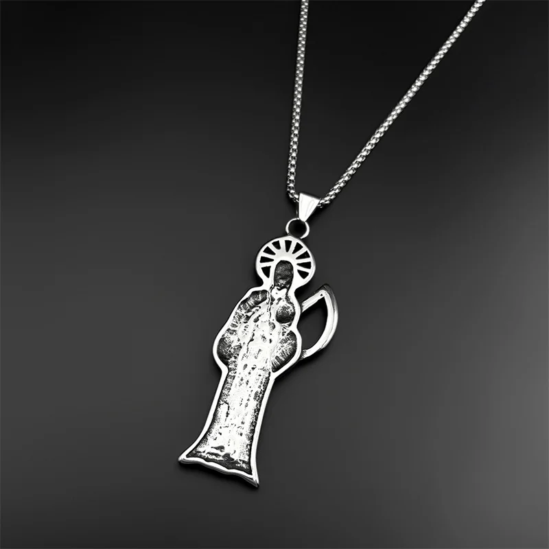 Stainless Steel Holy Saint Death Santa Muerte Grim Reaper Pendant Necklace Women Men Silver Color Vintage Sickle Skull Jewelry