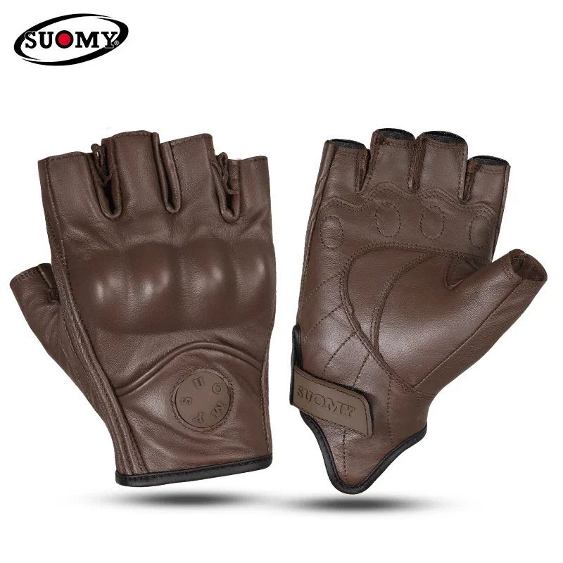 Half Finger SUOMY Summer Vintage Genuine Leather Men Women Couple Style Motorcycle Gloves Breathable Guantes Motocross Gloves