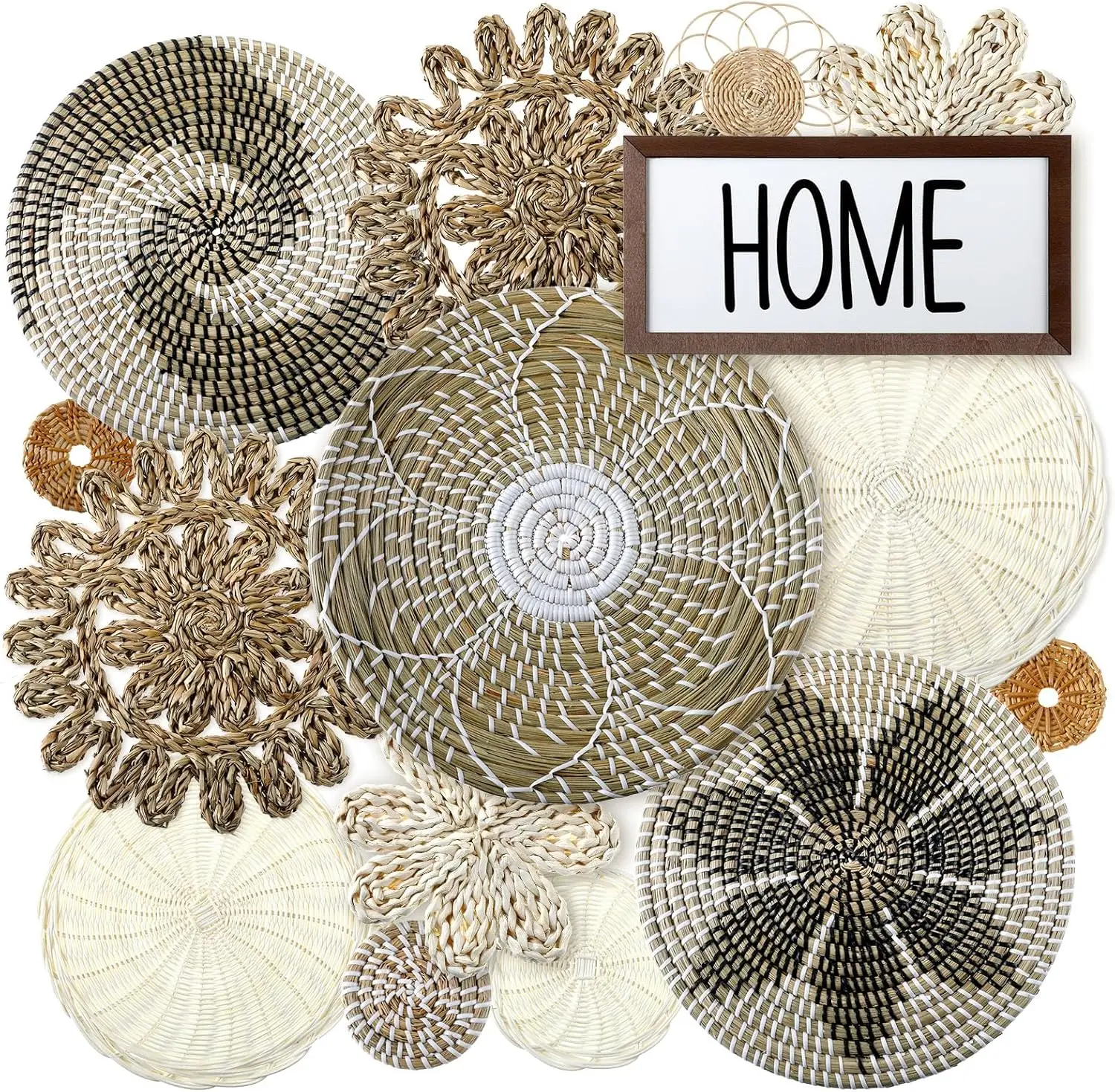 

15 Pcs Boho Wall Basket Decor Handcrafted Seagrass Woven Wall Basket Rustic Round Woven Hanging Art For Home Farmhouse Kitchen
