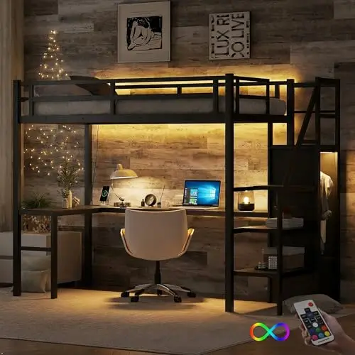 Twin XL Loft Bed with L-Shaped Desk and Storage Stairs, Metal Loft Bed with Wardrobe and USB Charging Station, High view 5