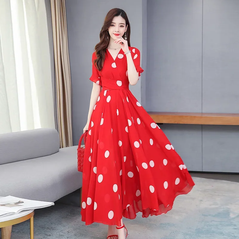 Elegant ยาวผู้หญิง V คอ Polka Dot ชุดชีฟองแขนสั้น 2025 ฤดูร้อนใหม่สุภาพสตรี Casual เอวชุด Vestidos 4XL