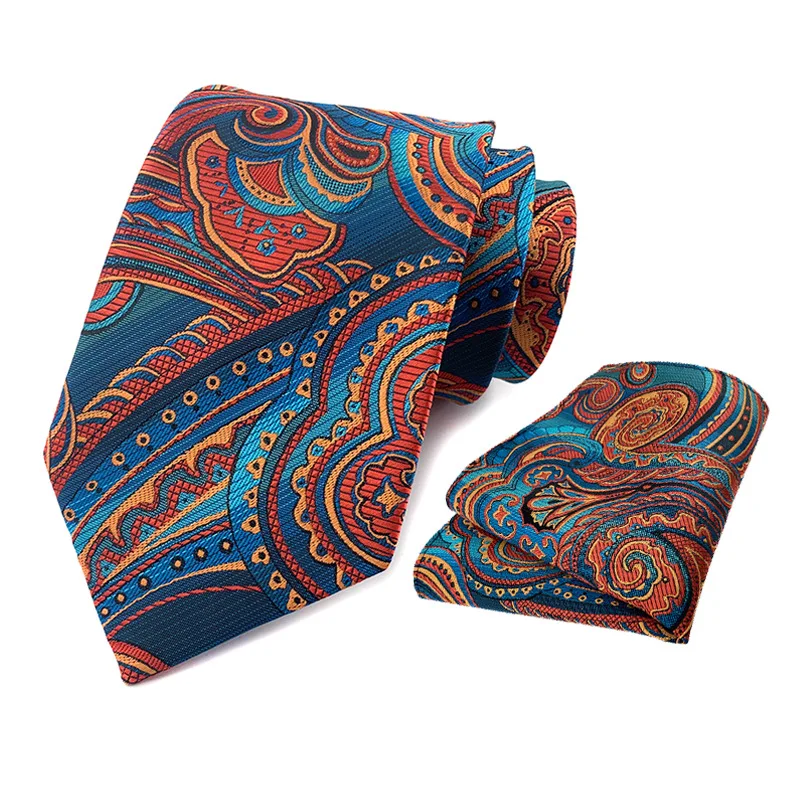 

High Quality 2pcs 8cm Fashion Classic Plaid Paisley Polyester Tie 25*25CM Handkerchief for Men Neckties Hanky Pocket Square Set