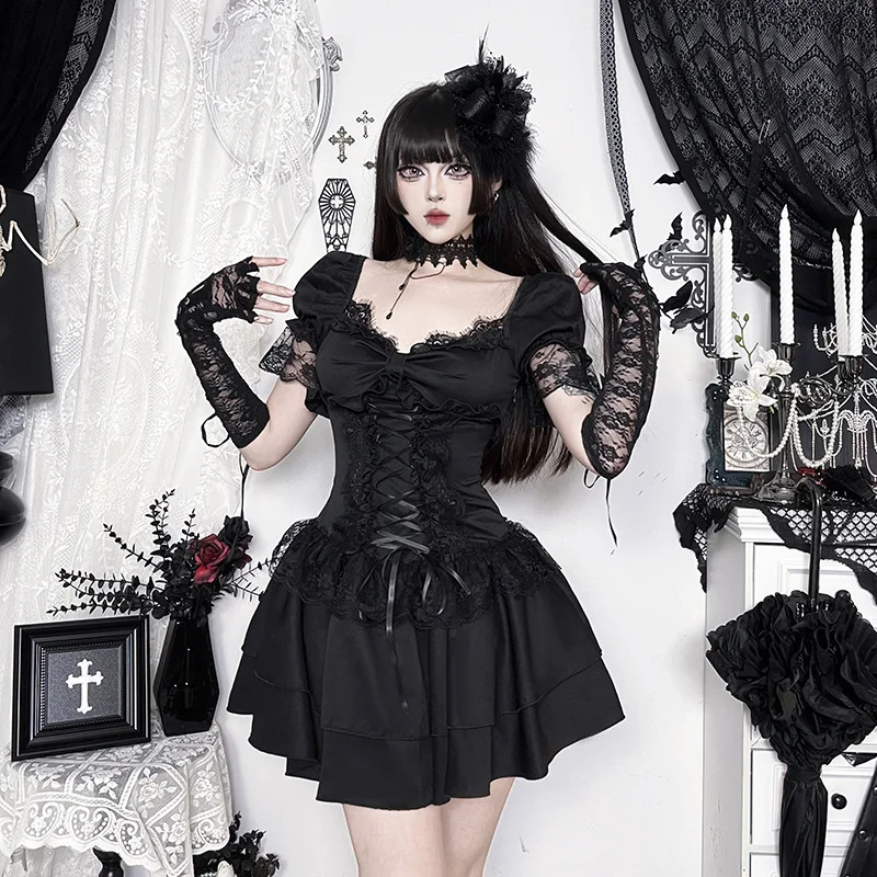 French Dark Style Gothic Big Bow Lolita Dress Women Vintage Short Sleeve Backless Strappy Dress Harajuku Y2K Halloween Outfits