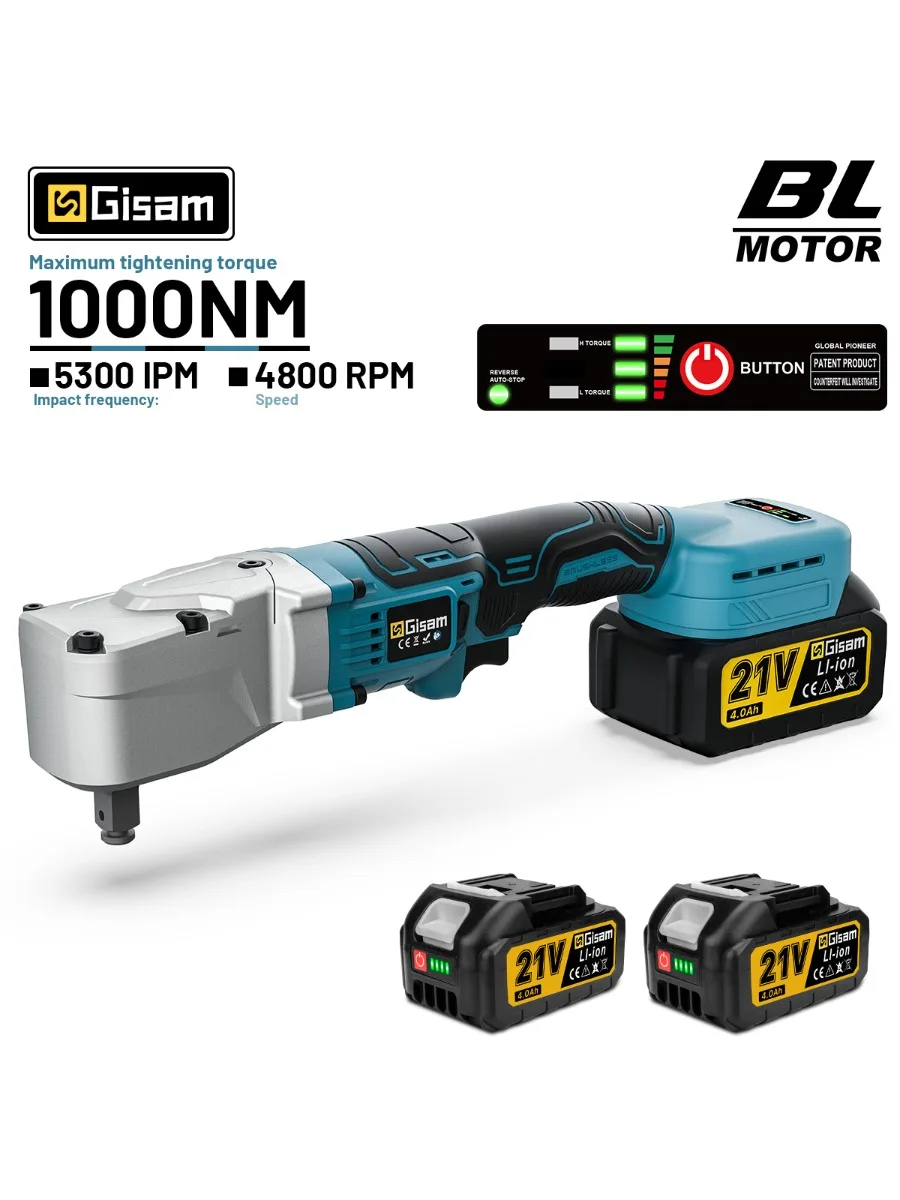 Gisam – bezszczotkowy, elektryczny klucz zapadkowy 1000 N.M, klucz kątowy 1/2'', klucz do śrub i nakrętek z diodą LED, elektryczna wkrętarka, wiertarka, narzędzie do naprawy samochodów, kompatybilne z — 2