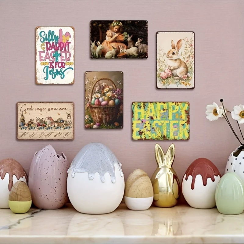 2D Flat Vintage Easter Bunny Metal Tin Sign 8x12 in,6Pcs Easter Egg Rabbit Retro Iron Plaque Farm Home Wall Decor