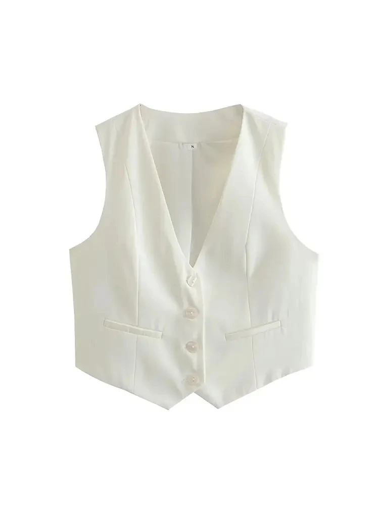 TRAF 2024 Spring Women Fashion Cropped Waistcoat Solid Single Breasted V Neck Vest Casual Elegant Woman Outerwear Tops