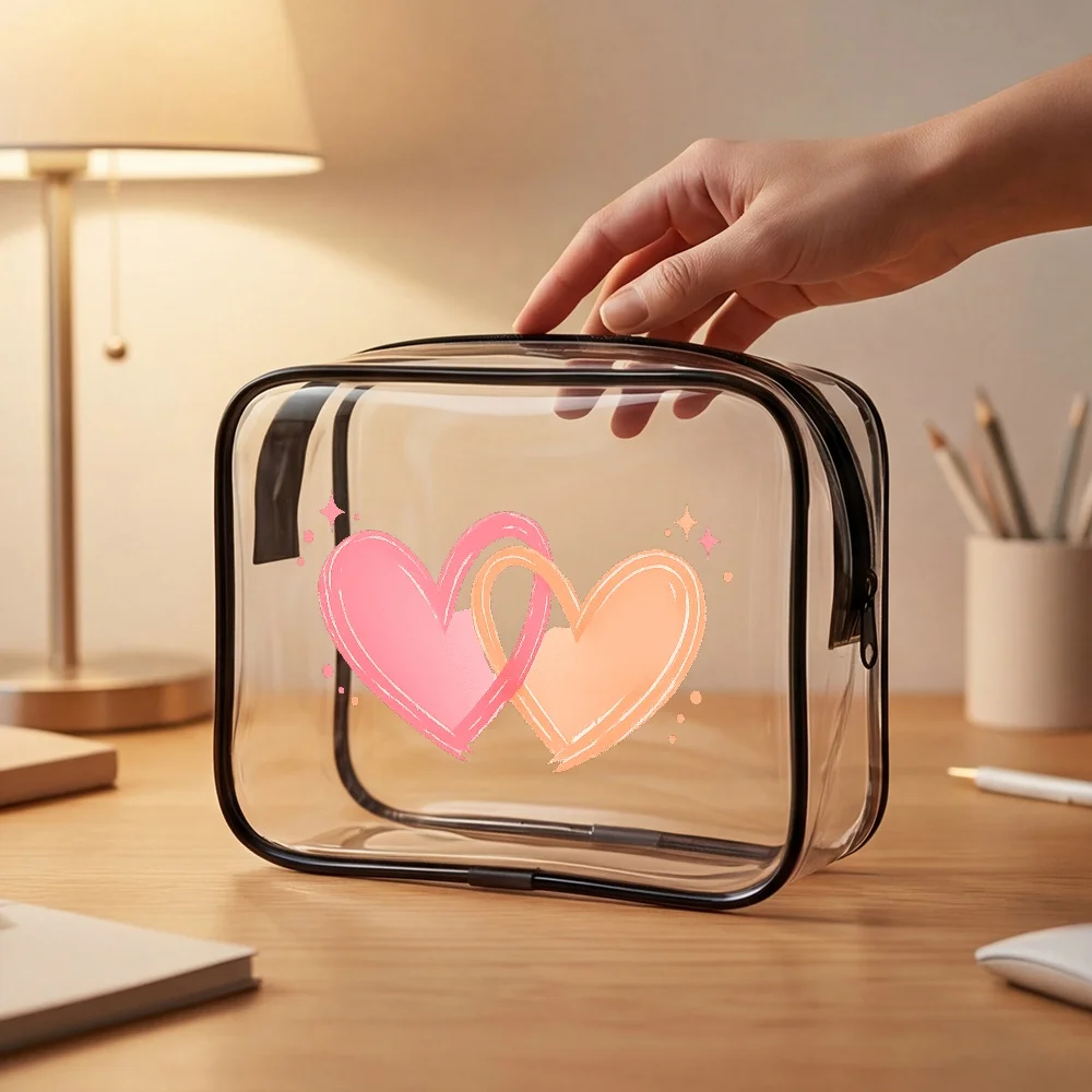Cute Pastel Heart Couple Clear Zipper Makeup Bag Suitable For Women PVC Cosmetic Travel With /Korean Style Pouch Multicolor Or