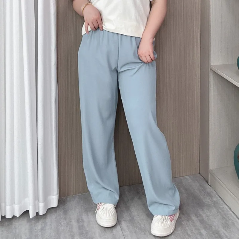 Ice Silk Cool Wide Leg Pants Women Summer Thin Plus Size High Waist Casual Straight Long Trousers