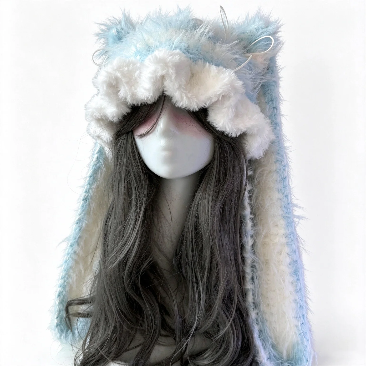 Handmade Blue White Bunny Rabbit Ears Beanie Women Custom Crochet Kawaii Knit Ruffled Hat Lady Winter Warm Casual Lolita Caps