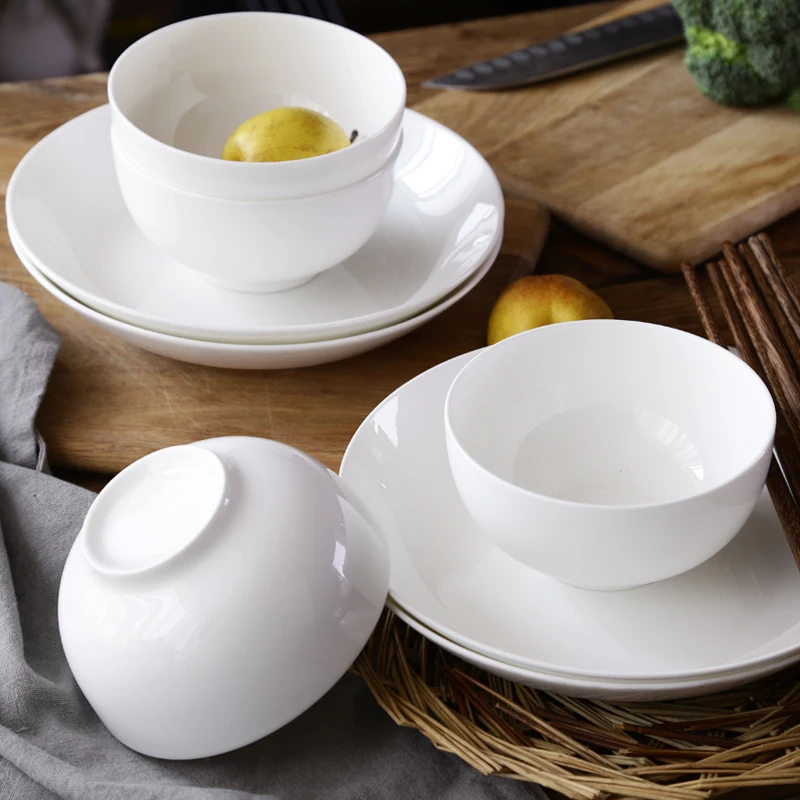 12pcs/lot, Plain White Bone China Dinner Plates and Bowl, Porcelain Food Container, Dinnerware Set Servies, Ceramic Soup Bowl