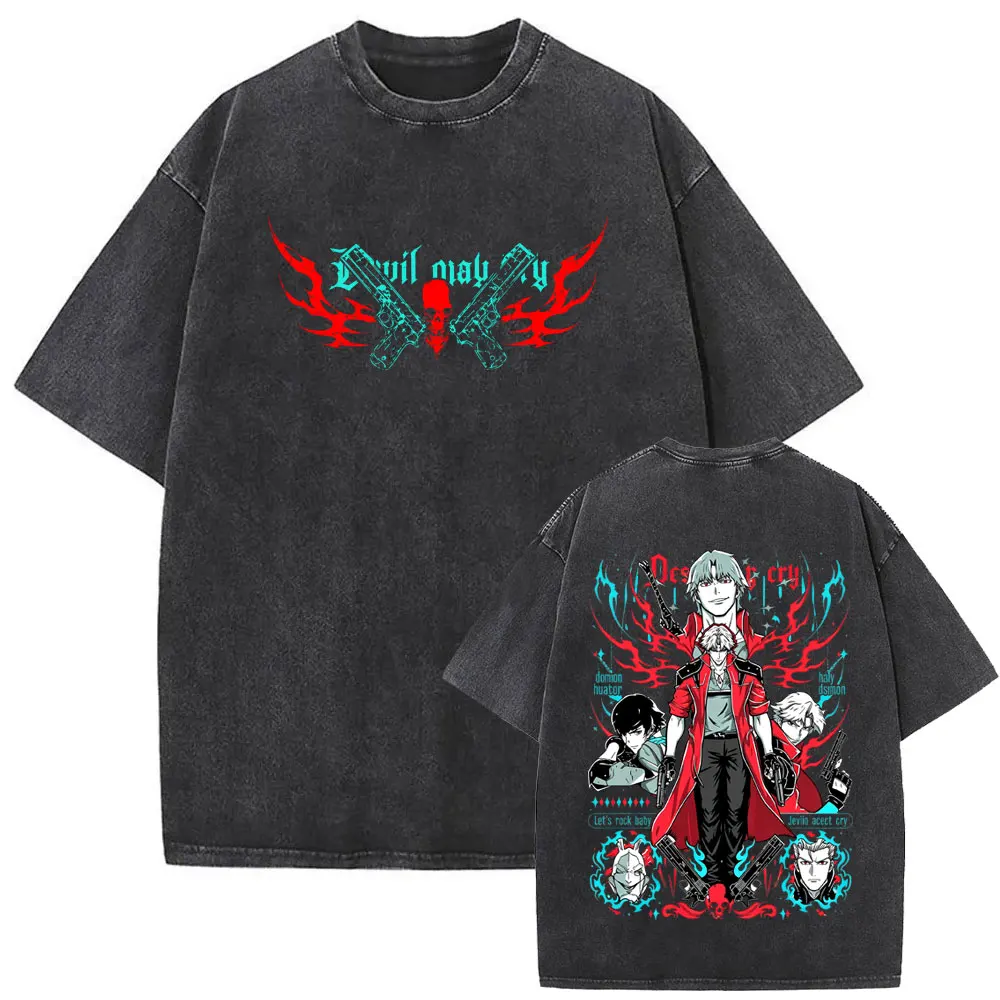 Game Devil May Cry Dante Skeleton Vintage Washed T Shirt Men Women Clothing Fashion Retro Oversized T-shirt Harajuku Streetwear