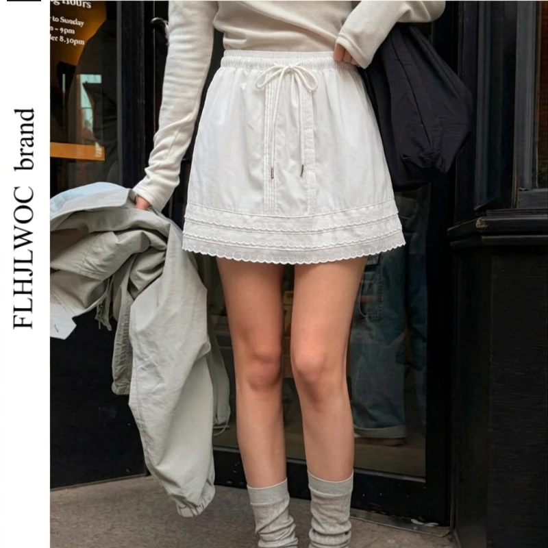 Y2K Cotton Skirts New Japanese Style Cute Sweet Girls Holiday Date Casual A Line High Waist Solid Mini Ruffles White Lace Skirts