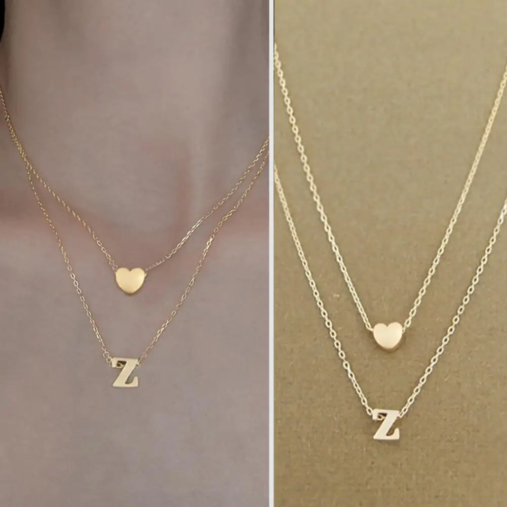 Women Necklace Solid Color Polished Double-layer Letter Shape Anti-deformed Lady Pendant Gift