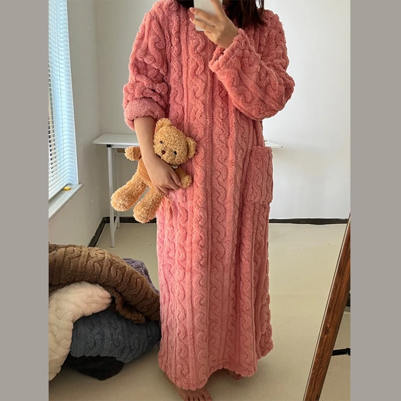 Winter Thicken Coral Velvet Nightgown Women Soft Warm Loose Long Night Dress with Pocket Comfort Pajamas Nightdress Sleepwear