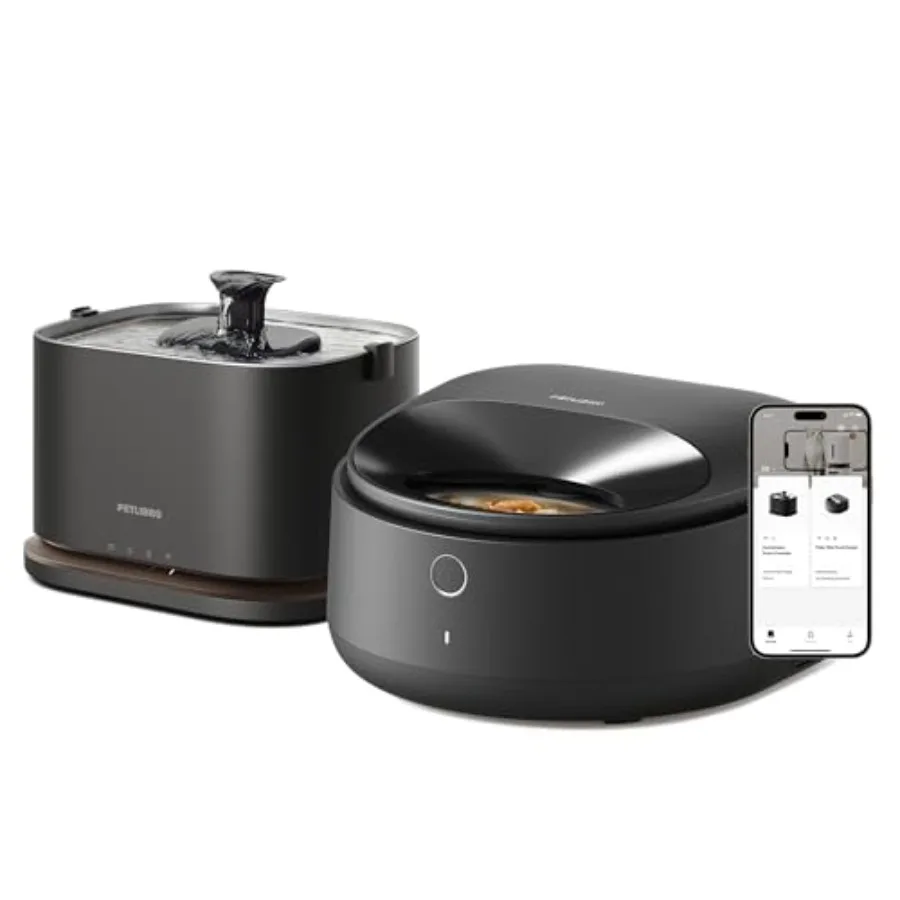 

Беспроводной фонтанчик для воды для кошек с охлаждаемой автоматической кормушкой, 3 л/101 унция, поддон из нержавеющей стали, дозатор влажного корма с управлением через приложение, полукруглый