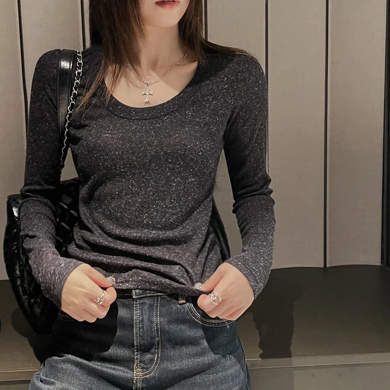 Women U Neck Dotted Long Sleeve T Shirt Slim Fit Shoulder Basic Inner Wear Fashion Casual Ladies Top