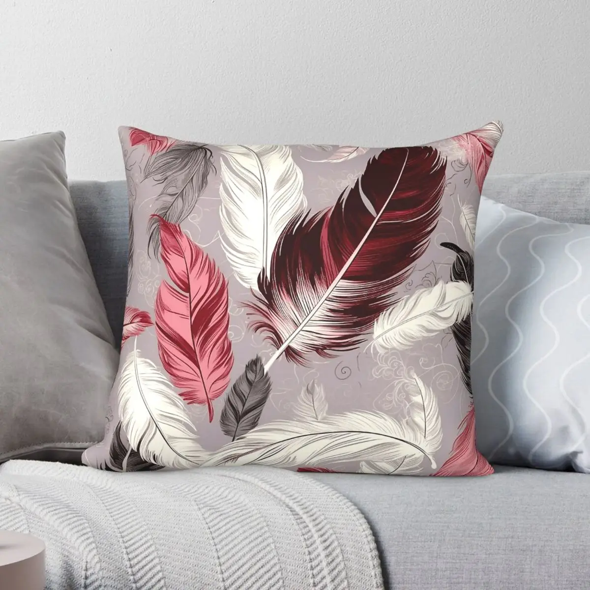 Feathers Burgundy Blush Ivory Square Pillowcase Polyester Linen Velvet Pattern Zip Decor Pillow Case Home Cushion Cover