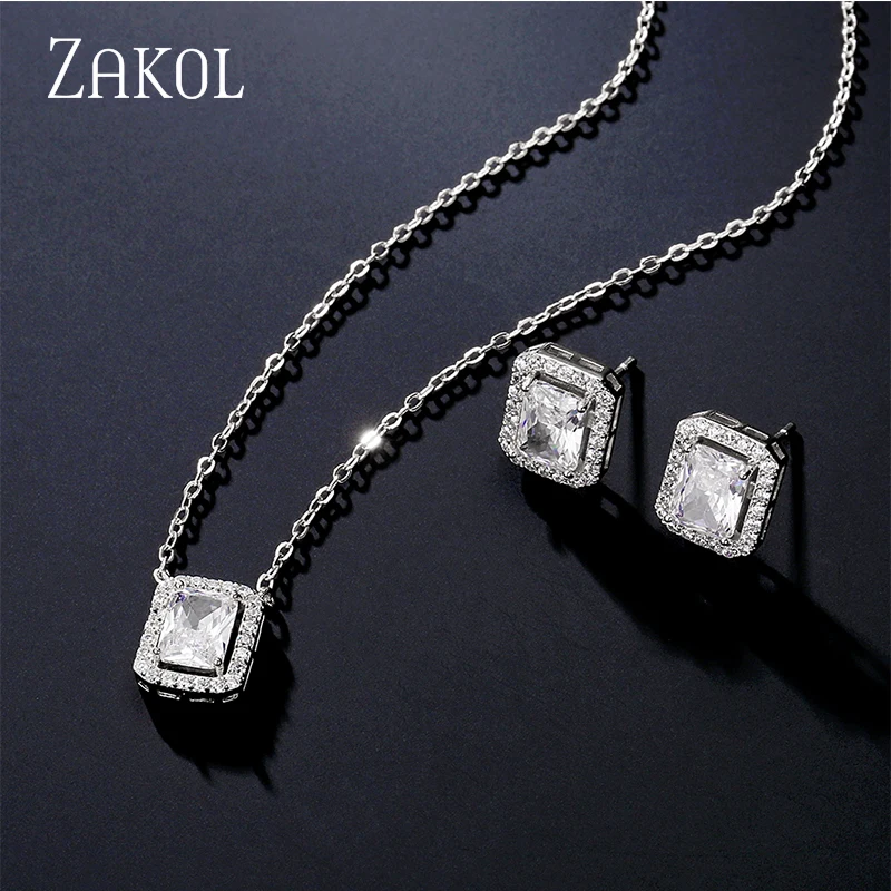 ZAKOL Classic Sliver Color Square Cubic Zirconia Jewelry Sets for Women Luxury Bridal Wedding Party Necklace Earrings Set SP3347