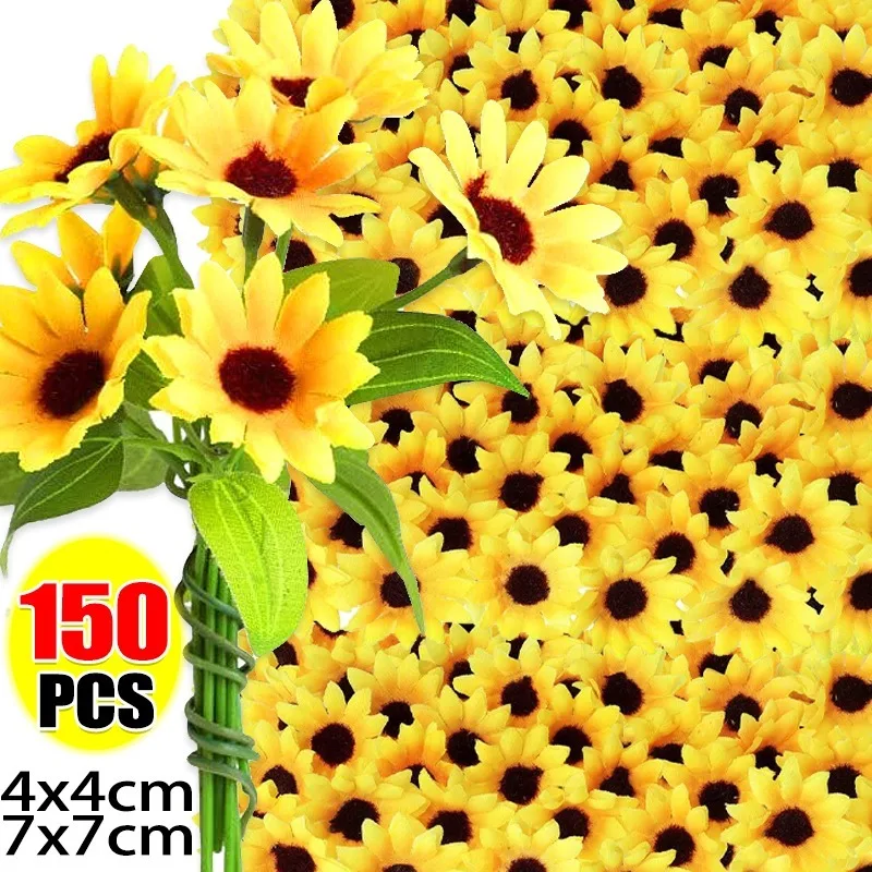 30/150Pcs Silk Sunflower Head Mini Artificial Flower DIY Wreath Scrapbooking Gift Box Decoration Yellow  Artificial Daisy Head