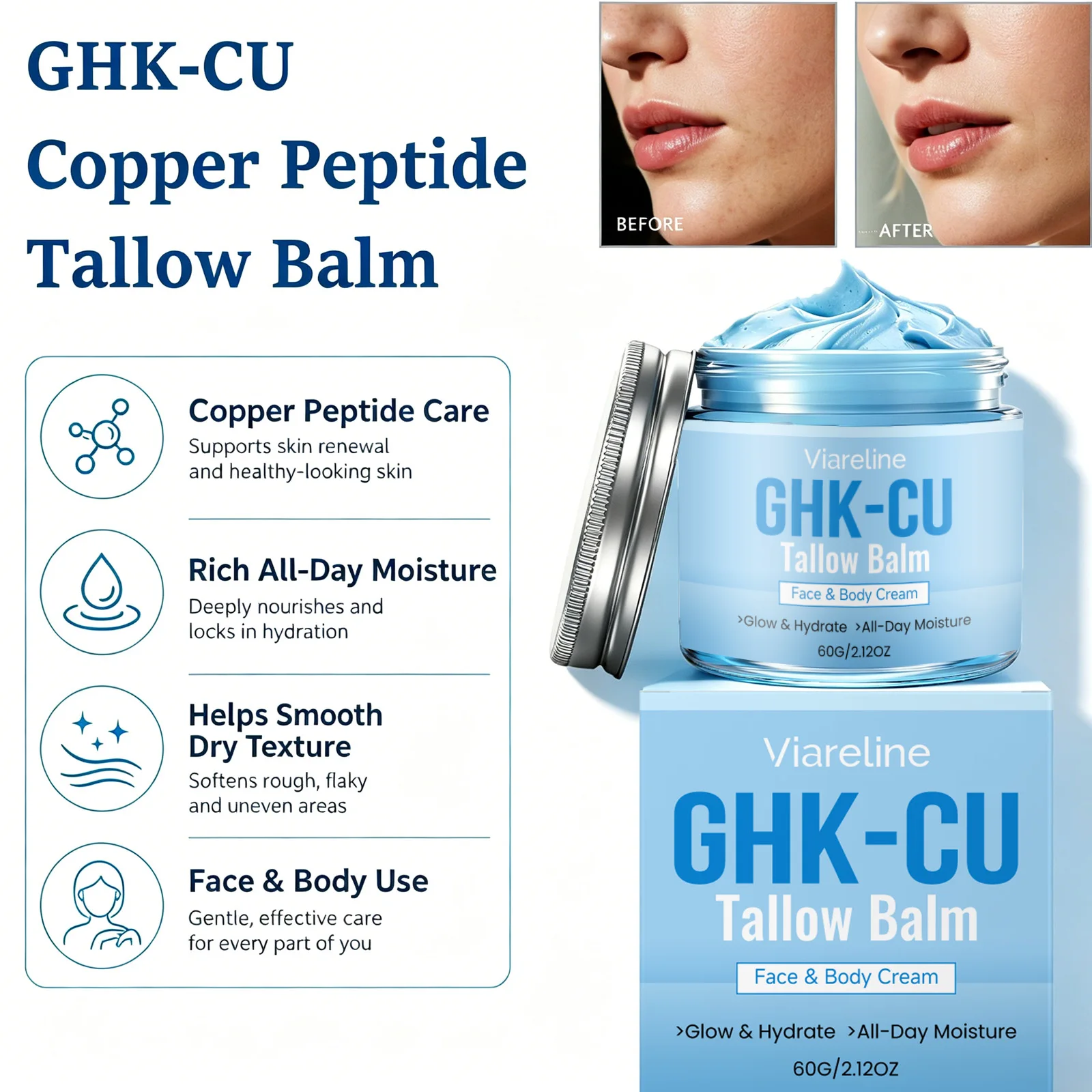 Baume au cuivre GHK-CU naturel pour le visage et le corps, raffermissant, hydratant, éclaircissant, pour peaux matures, sèches et sensibles