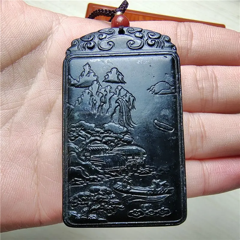 Natural Medicine King Stone Dark Green Jade High Mountain and Flowing Water Pendant Lucky Pendant Landscape Pendant