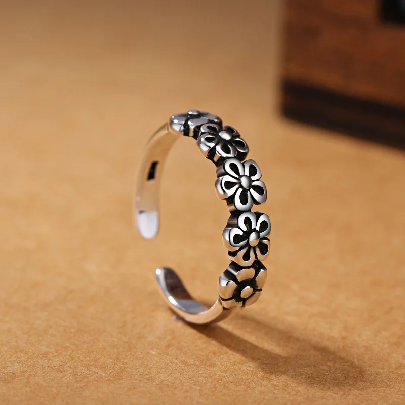Women's 925 Sterling Silver Retro Flower Adjustable Ring