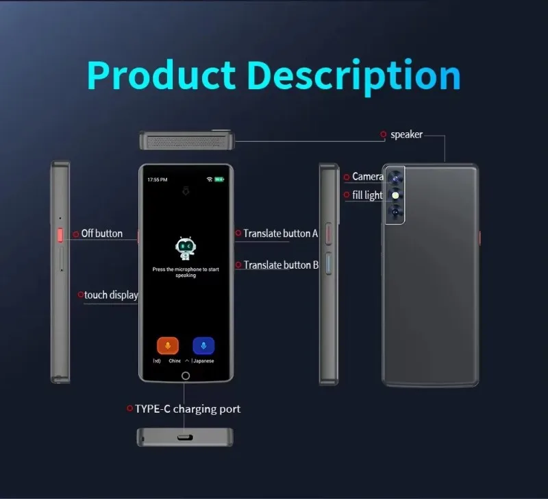 Przenośne urządzenia do tłumaczeń A50 Lite Inteligentny tłumacz głosowy z dużym ekranem, tłumacz języków w czasie rzeczywistym, urządzenie do natychmiastowego tłumaczenia kantonese