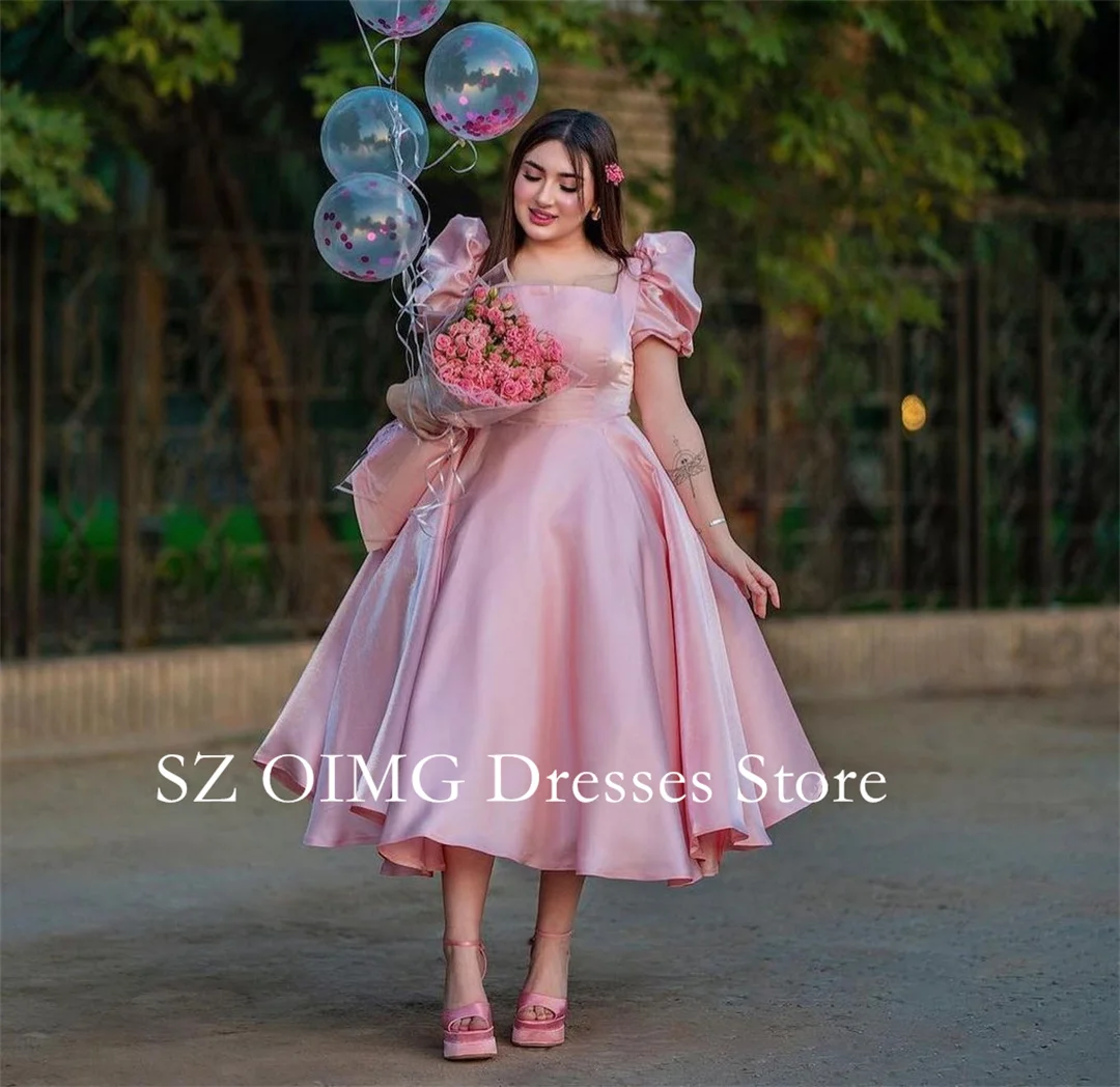 OIMG Square Neck Women Satin Fashion Tea Length Pink Prom Dresses Customized Arabic Gowns 2024 Formal Party Dress Customized
