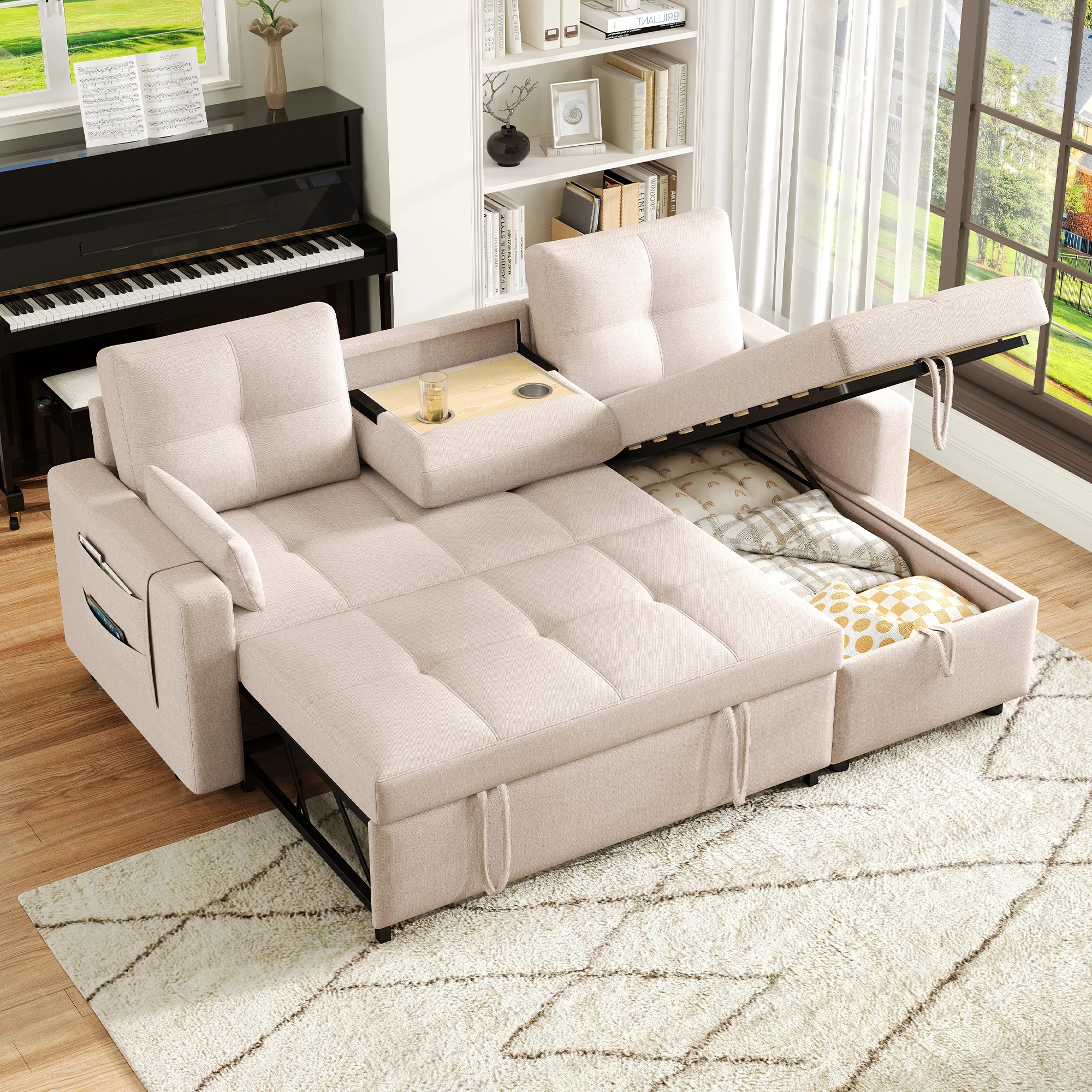Sofá Esquinero Convertible Modular de 3-4 Plazas con Chaise Longue Reversible, Almacenamiento y Portavasos, Lino Beige