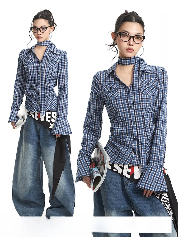 

UNCMHISEX American Retro Sle Women's Slim Fit irt with Waist Cinching Long Sve Plaid Design Faionable Casual Top