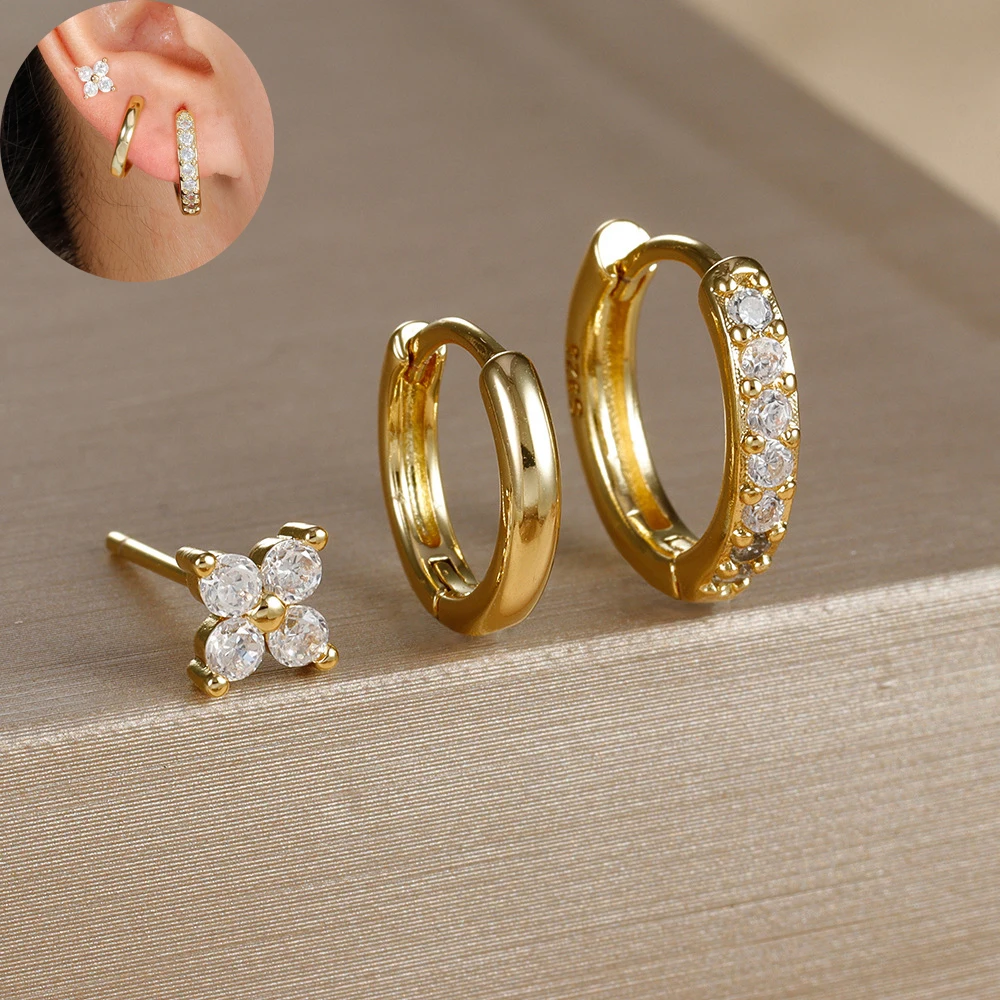 3 قطعة 14K مطلية بالذهب الفولاذ المقاوم للصدأ الذهب اللون دائرة أقراط هيبوالرجينيك داينتي هوب طقم من الحلقان للنساء مجوهرات العصرية #1