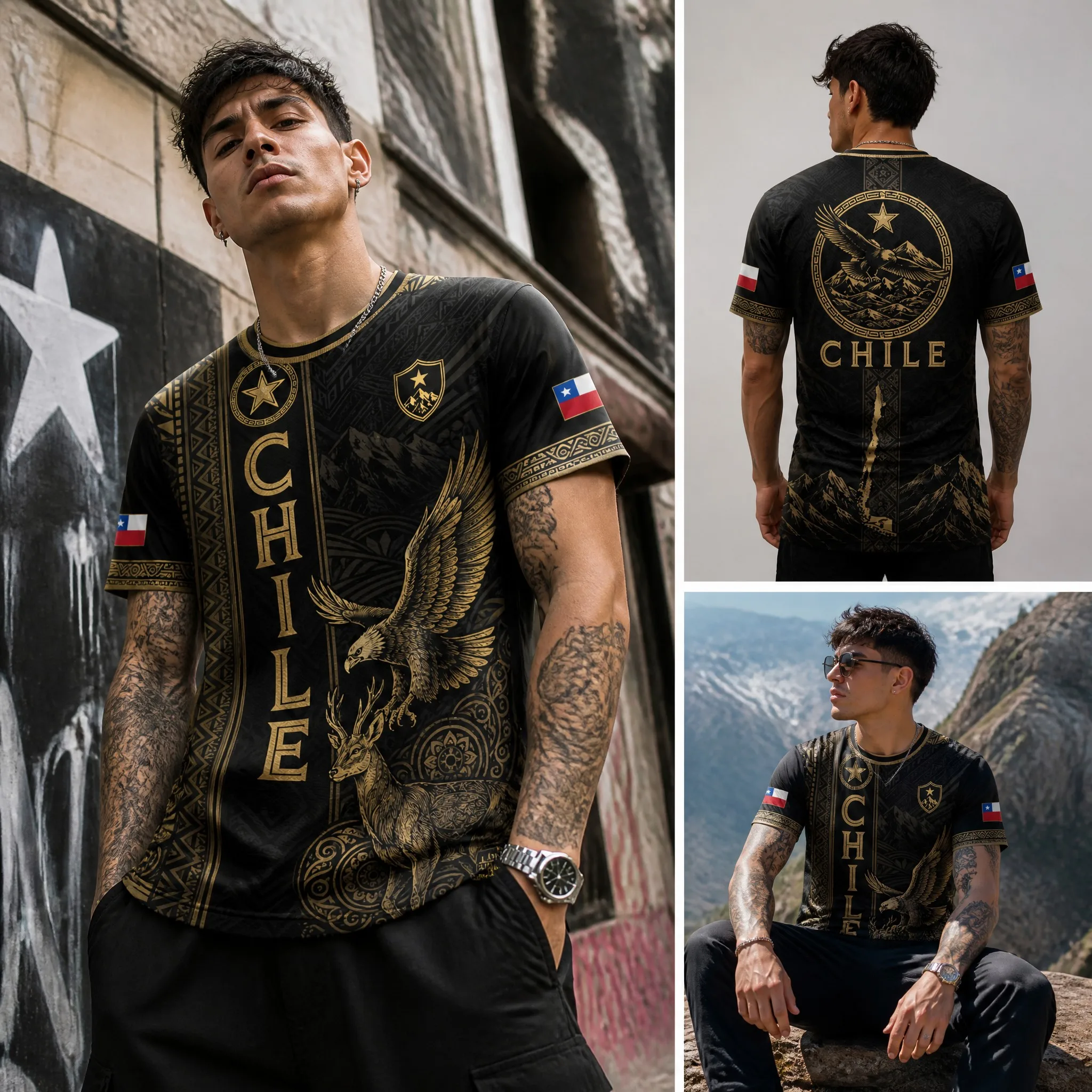 Herren-T-Shirt mit Rundhalsausschnitt, Chile, Elfenbein, Grau, Eagle Mountain-Grafik, kurze Ärmel, lässig, Streetwear, Outdoor, Team-Stil, Oberteil, Neu – Detail 2