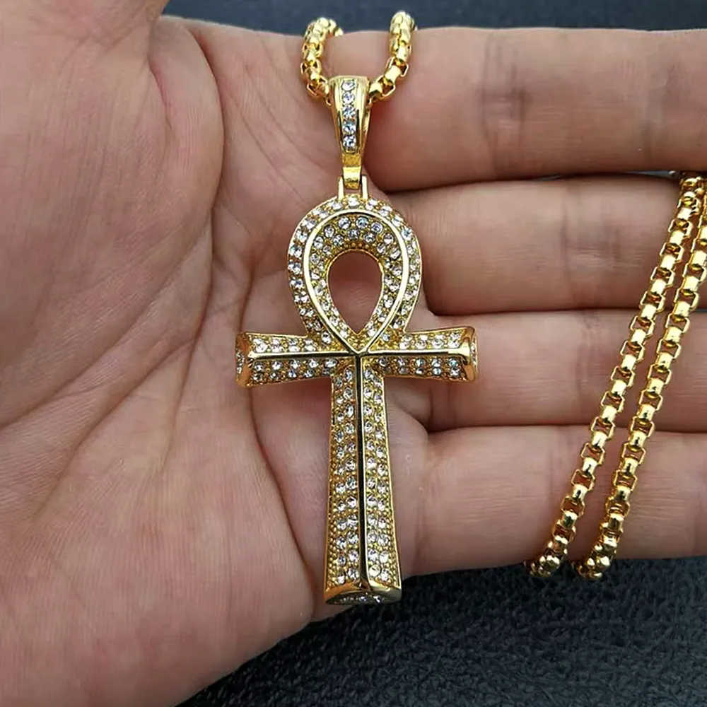 Ägyptischer Ankh Lebensschlüssel-Kreuzanhänger, zweifarbig plattiert, Hip-Hop-Bling-Anhänger für Herren und Damen, religiöses Accessoire, Schmuckgeschenk – Detail 2