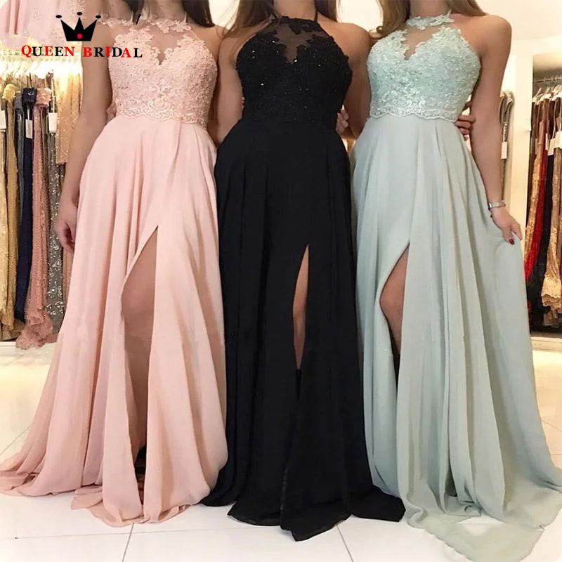 Balck Halter Neck Bridesmaid Dress Sexy Side Split Robe de demoiselle d'honneur A-LINE Lace Appliques Sequined Custom Made SU03